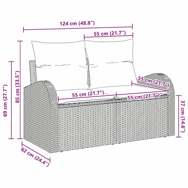 Gartensofa Schwarz mit Kissen, Poly-Rattan 124cm