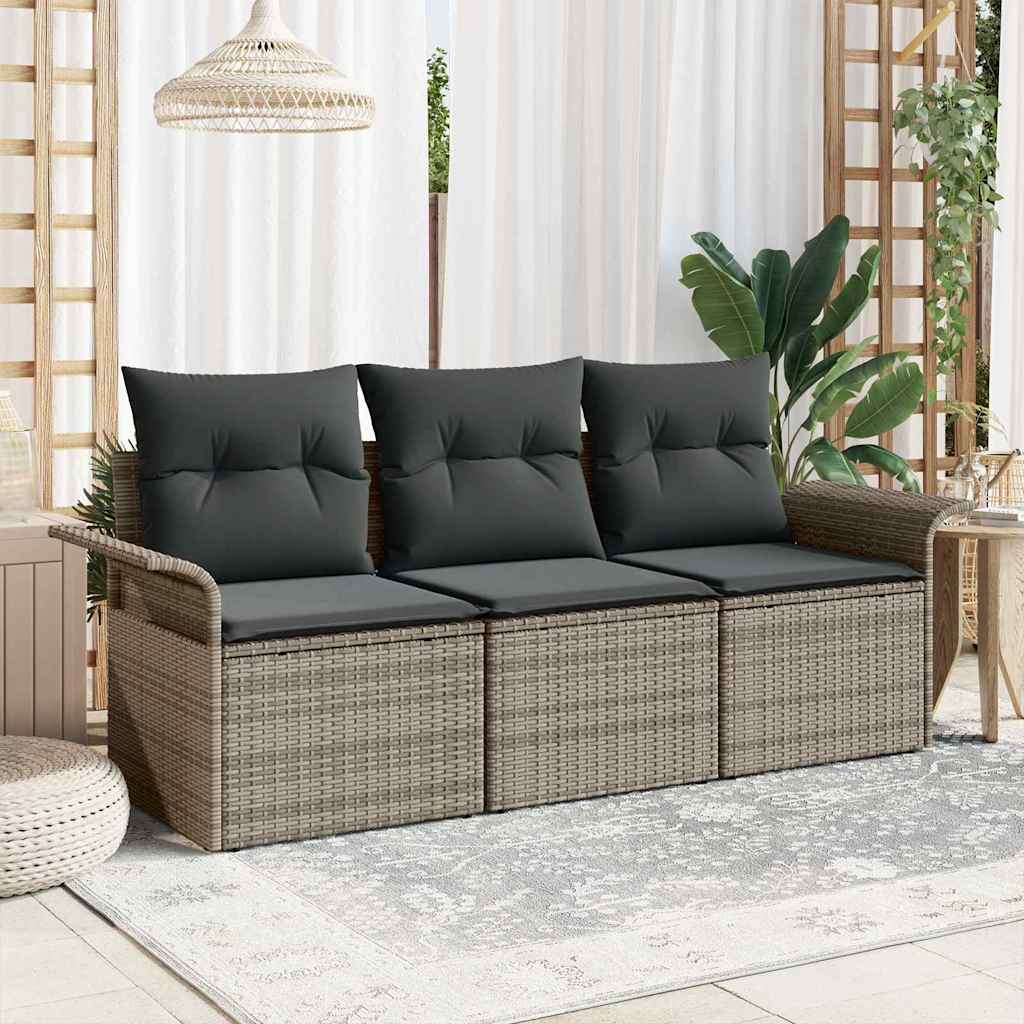 Graues Poly-Rattan Sofa-Set mit Kissen, 3-teilig