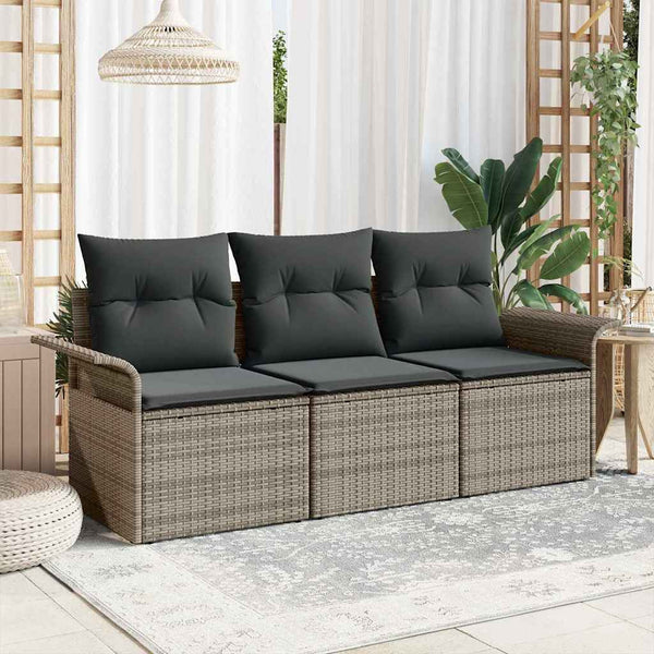 Graues Poly-Rattan Sofa-Set mit Kissen, 3-teilig