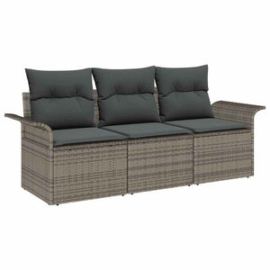 Graues Poly-Rattan Sofa-Set mit Kissen, 3-teilig