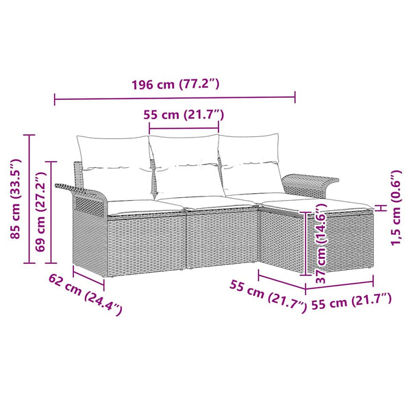 Graues Poly-Rattan Sofa Set mit Kissen, 4-teilig