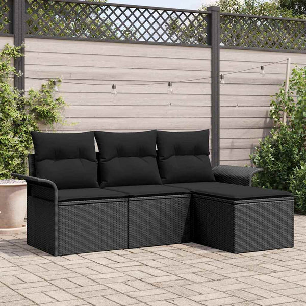 Schwarzes Poly-Rattan Sofa Set mit Kissen, 4-teilig