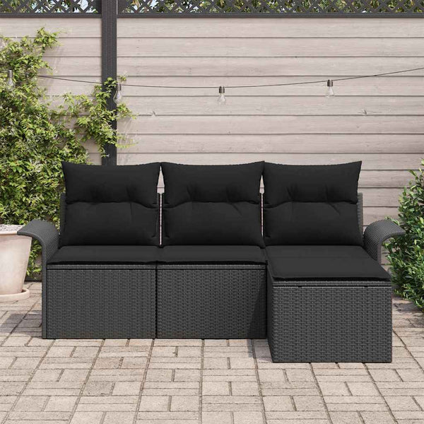 Schwarzes Poly-Rattan Sofa Set mit Kissen, 4-teilig