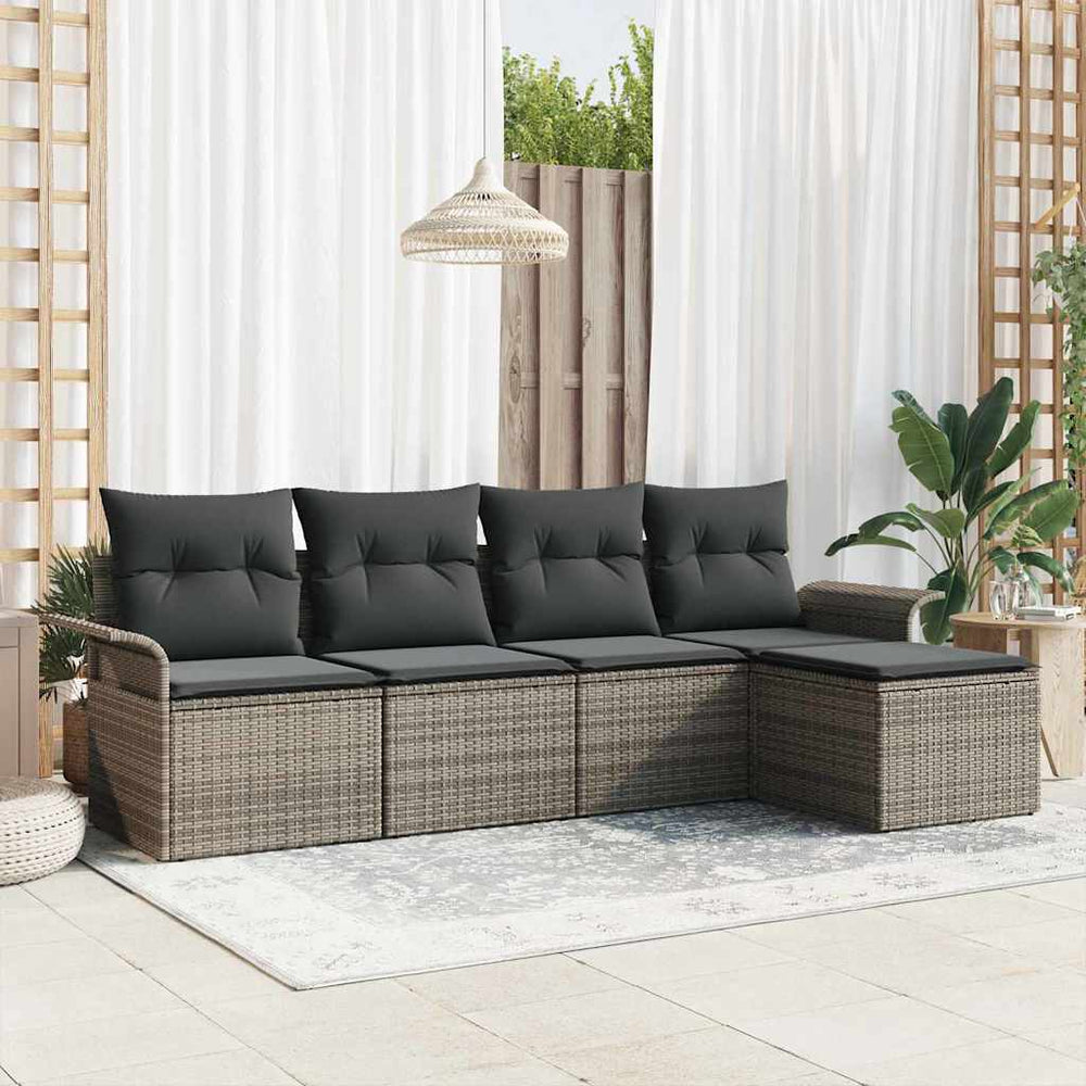 Graues Poly-Rattan Outdoor-Sofa mit Kissen, 5-teilig