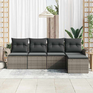 Graues Poly-Rattan Outdoor-Sofa mit Kissen, 5-teilig