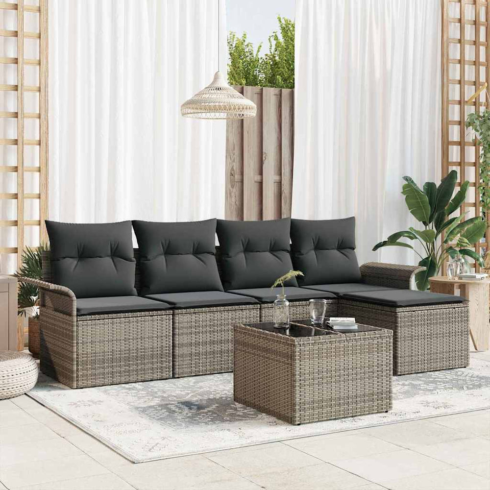 Graues Poly-Rattan Outdoor Sofa mit Kissen, 6-teilig
