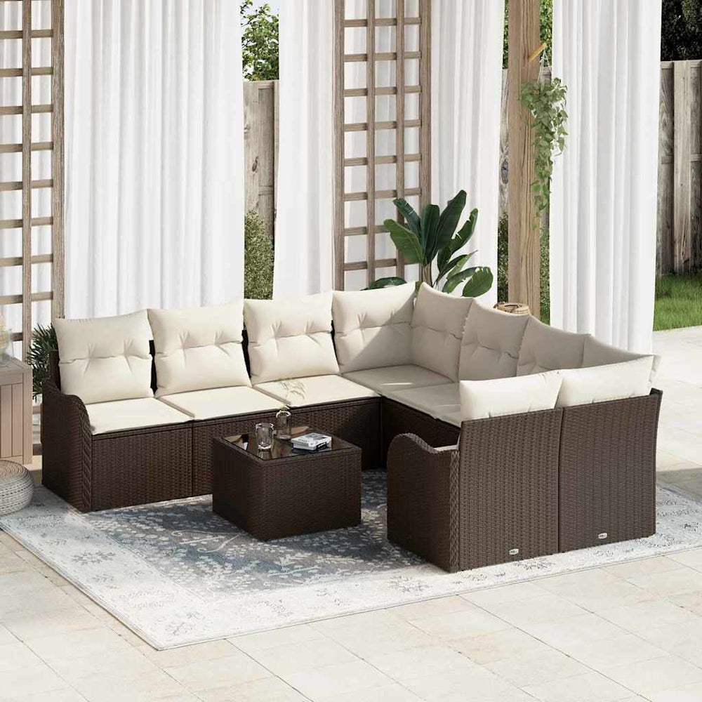 vidaXL Garden Sofa Set with Cushions and Storage 9 pcs Brown Poly Rattan