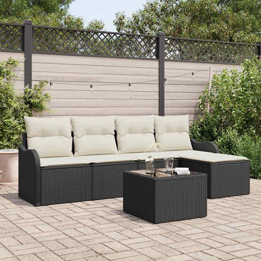 Schwarzes Gartensofa-Set, 6-teilig, Poly-Rattan