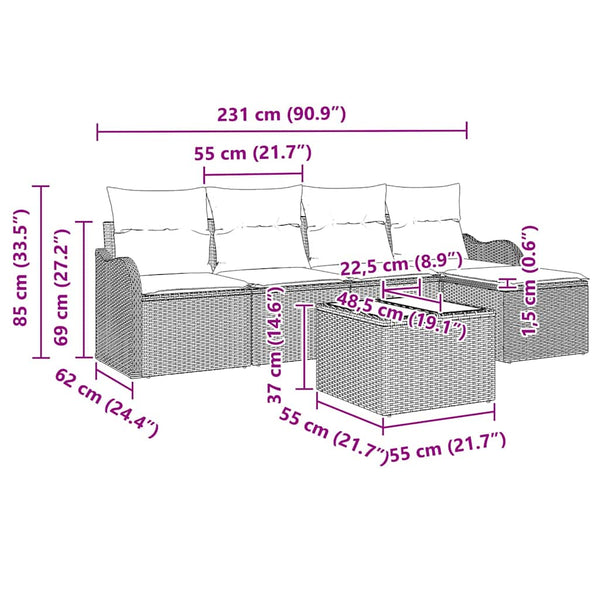 Gartensofa Set 6-teilig Hellgrau Poly-Rattan