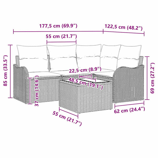 Gartensofa Set 5-teilig Schwarz Rattan
