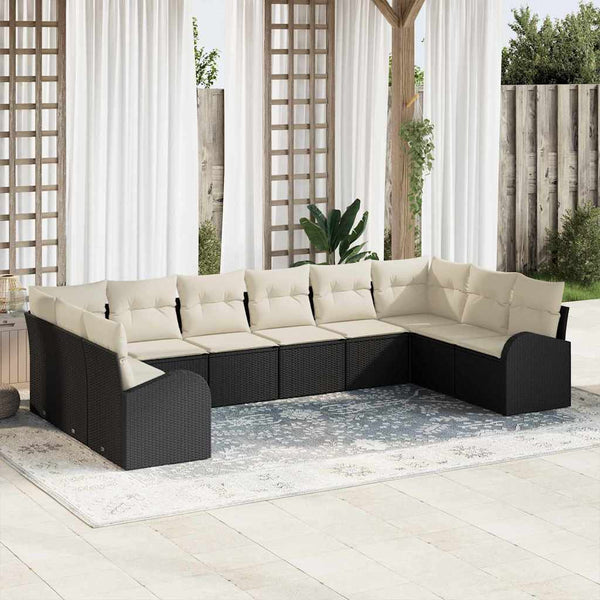 Schwarzes Polyrattan Sofa Set mit Kissen, 10-teilig