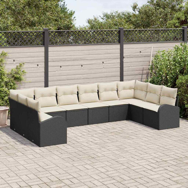 Schwarzes Polyrattan Sofa Set mit Kissen, 10-teilig
