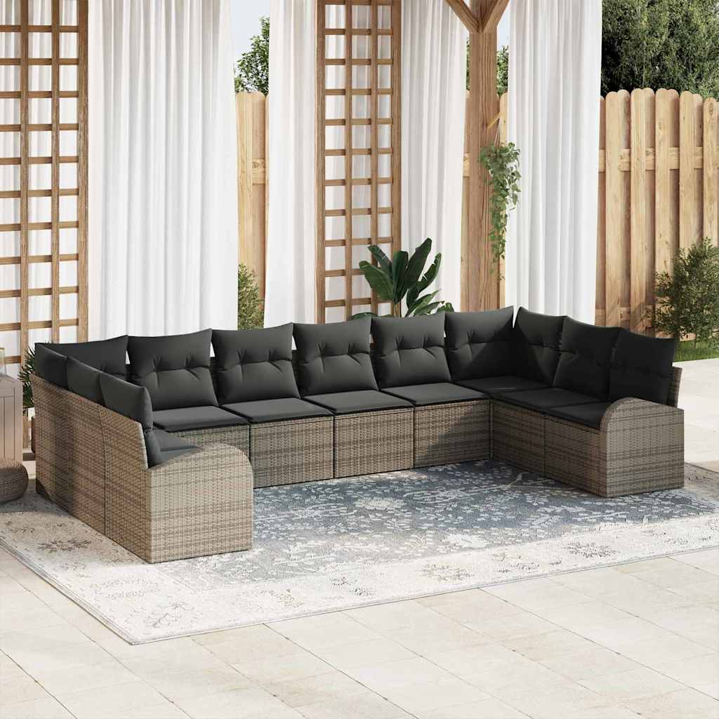Graues Polyrattan Sofa Set mit Kissen, 10-teilig