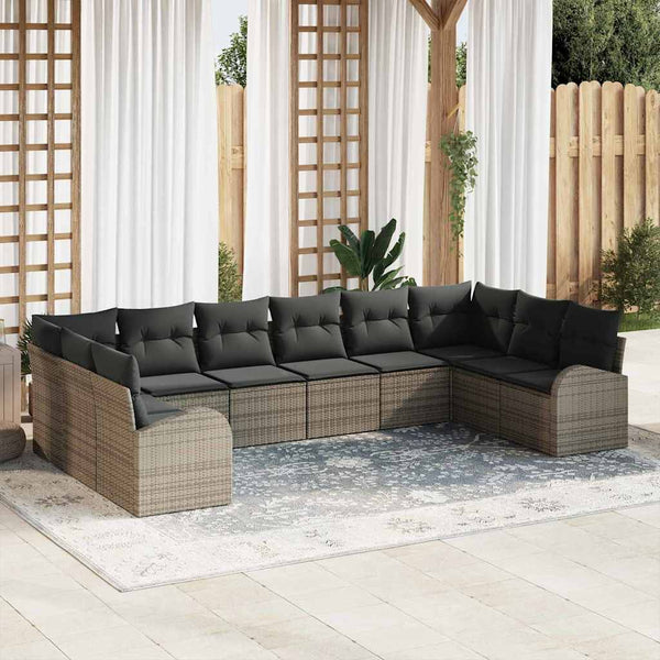 Graues Polyrattan Sofa Set mit Kissen, 10-teilig