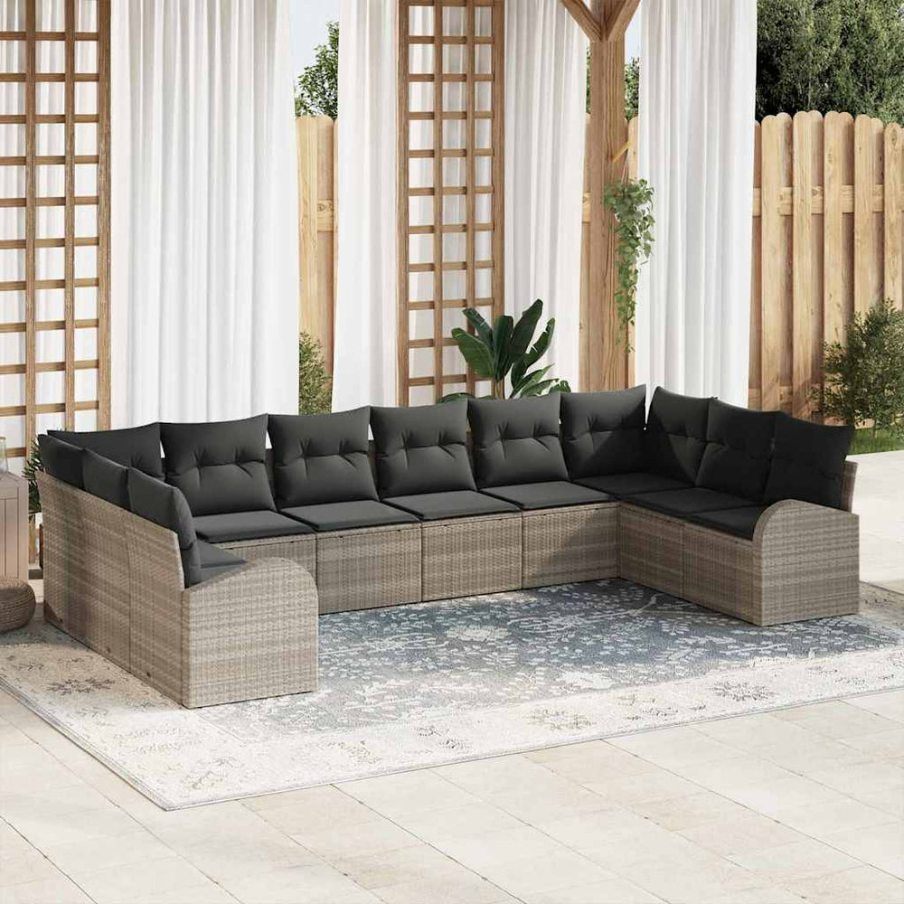 Hellgraues Polyrattan Sofa Set mit Kissen, 10-teilig