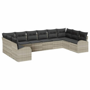 Hellgraues Polyrattan Sofa Set mit Kissen, 10-teilig