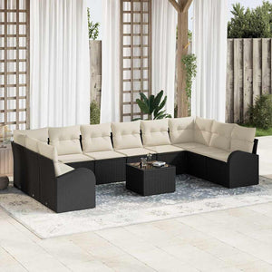 Schwarzes Polyrattan Sofa-Set mit Kissen, 11-teilig