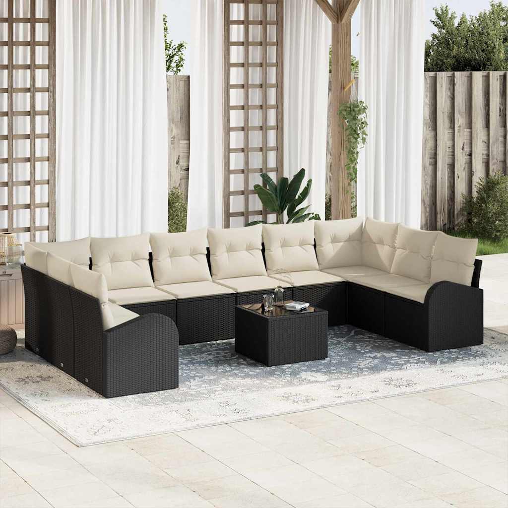 Schwarzes Polyrattan Sofa-Set mit Kissen, 11-teilig