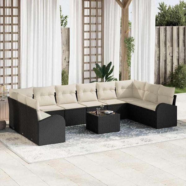 Schwarzes Polyrattan Sofa-Set mit Kissen, 11-teilig