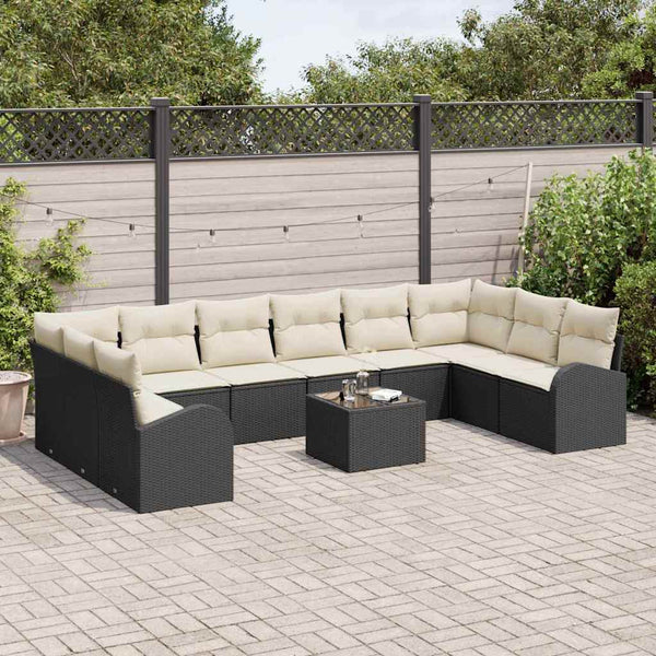 Schwarzes Polyrattan Sofa-Set mit Kissen, 11-teilig