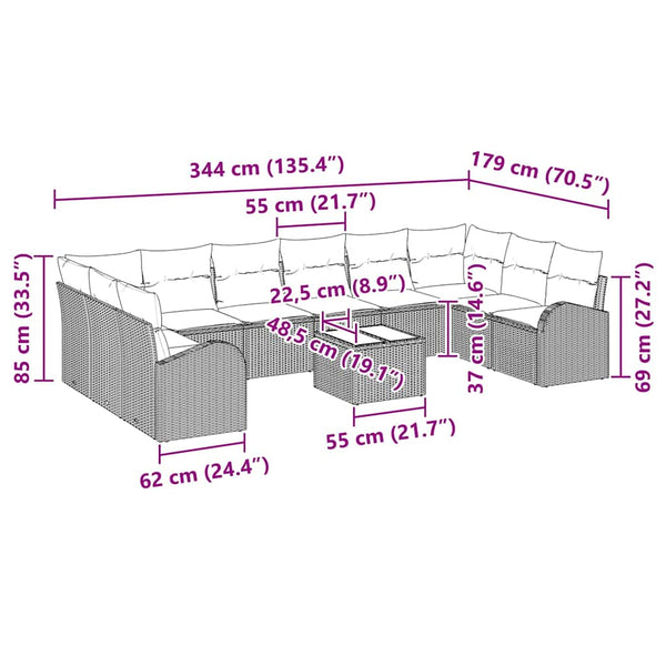 Schwarzes Polyrattan Sofa-Set mit Kissen, 11-teilig