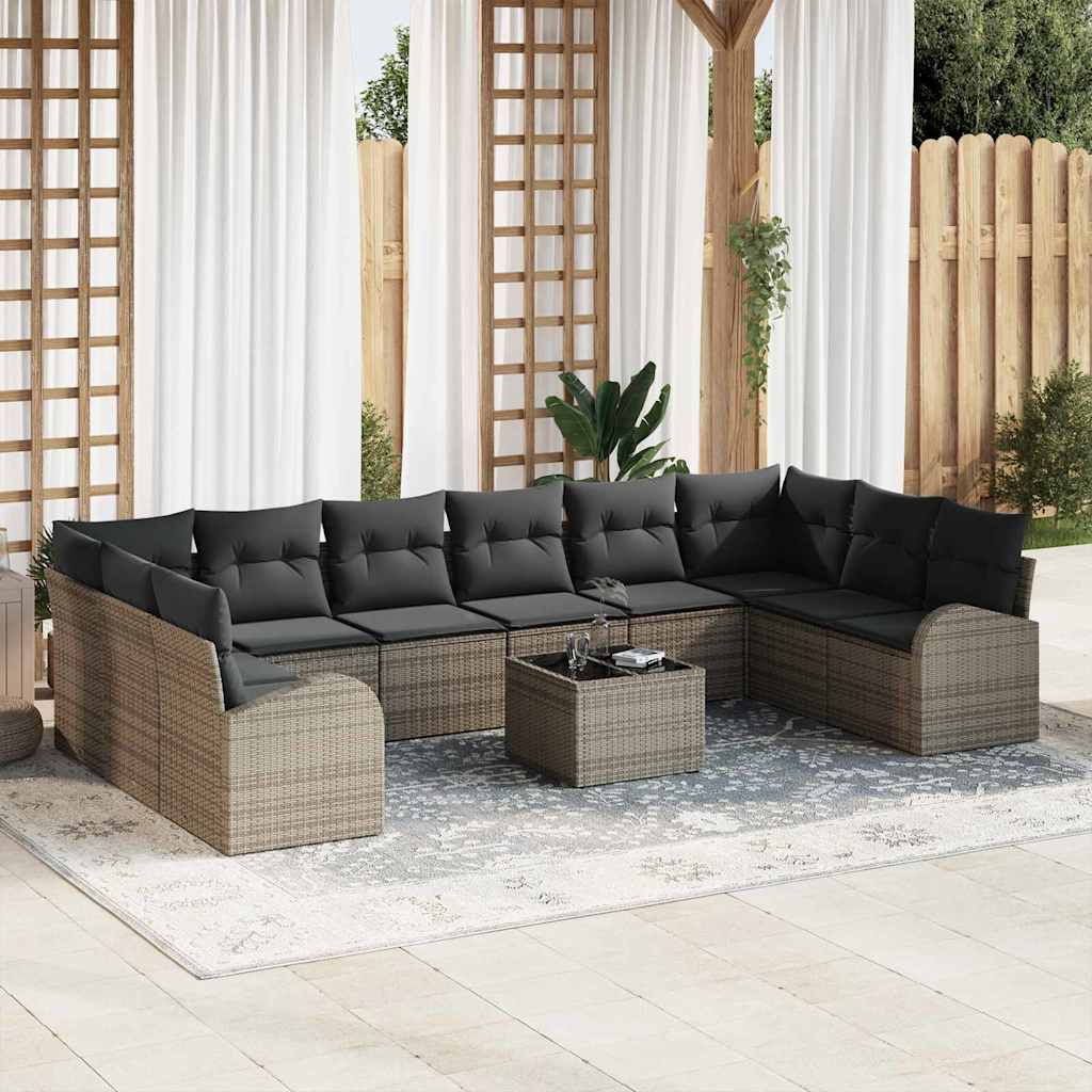 Graues Polyrattan Sofa Set mit Kissen, 11-teilig