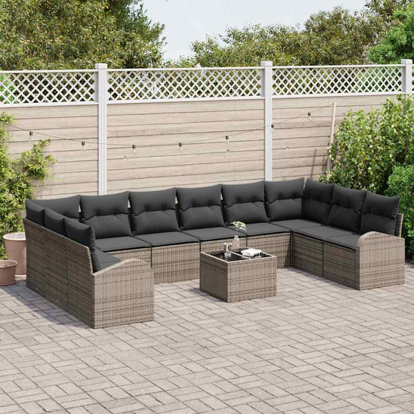 Graues Polyrattan Sofa Set mit Kissen, 11-teilig