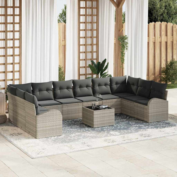 Hellgraues Polyrattan Sofa Set mit Kissen, 11-teilig