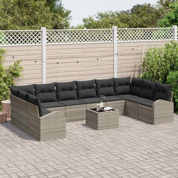 Hellgraues Polyrattan Sofa Set mit Kissen, 11-teilig