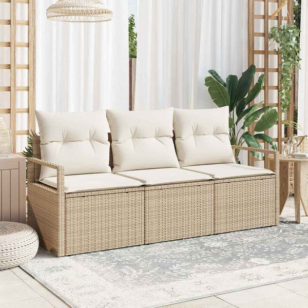 Beige Poly Rattan Sofa Set mit Kissen - 3-teilig