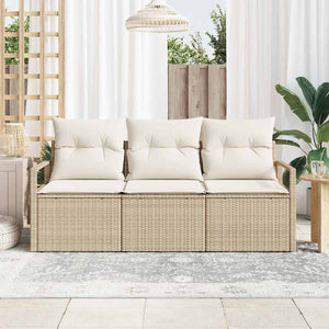 Beige Poly Rattan Sofa Set mit Kissen - 3-teilig