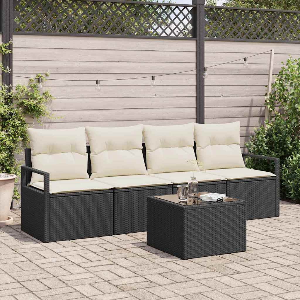 Poly Rattan Sofa Set, 5-teilig, Schwarz & Creme
