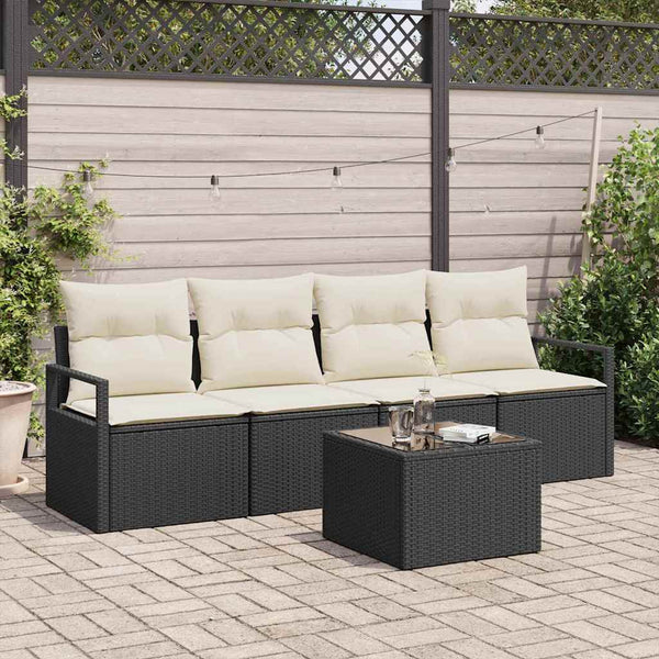 Poly Rattan Sofa Set, 5-teilig, Schwarz & Creme