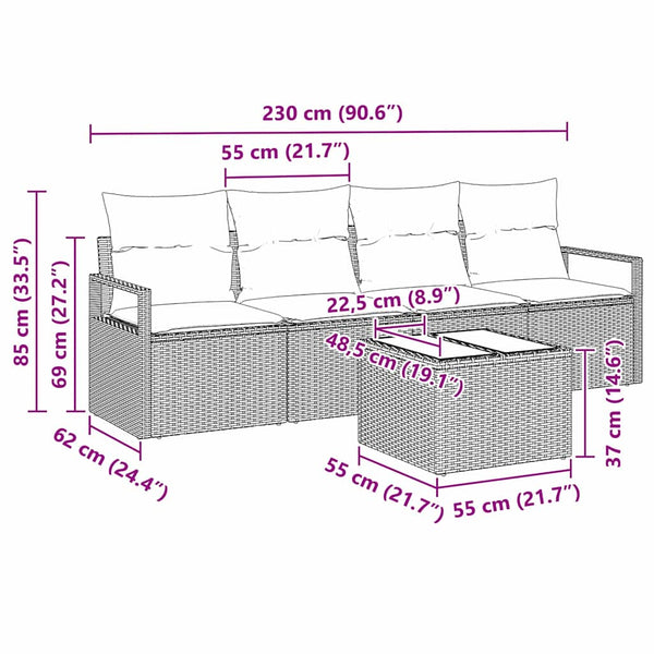 Poly-Rattan Sofa Set, 5-teilig, Braun/Creme