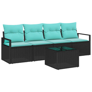 Poly Rattan Sofa Set, Schwarz & Türkis, 5-teilig