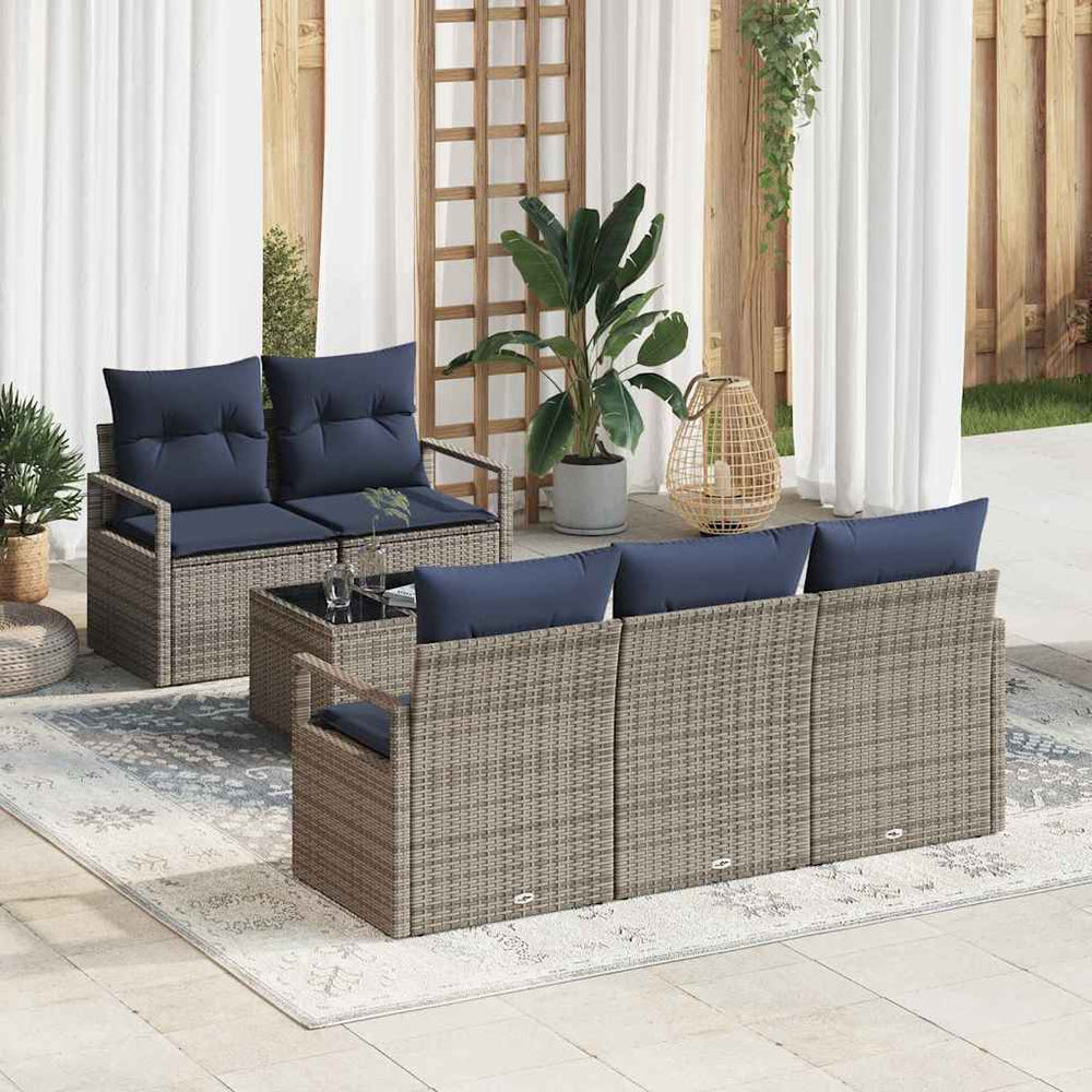 Gartenmöbel Set, Poly-Rattan, Grau/Marineblau, 6-teilig