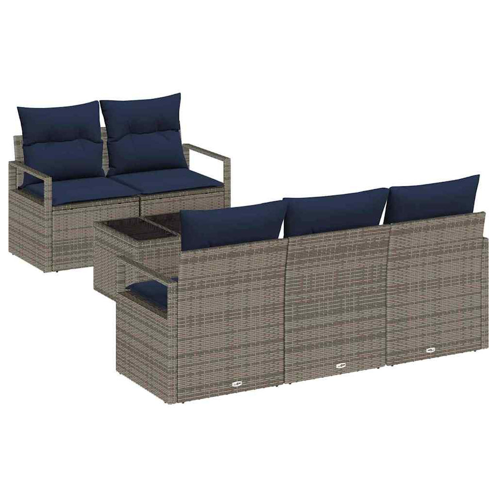 Gartenmöbel Set, Poly-Rattan, Grau/Marineblau, 6-teilig