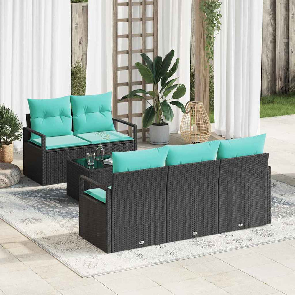 Sofa Set Schwarz Türkis Poly Rattan 6-teilig