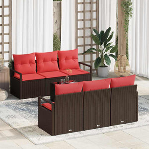 Poly Rattan Sofa Set Braun/Rot mit Kissen, 7-teilig