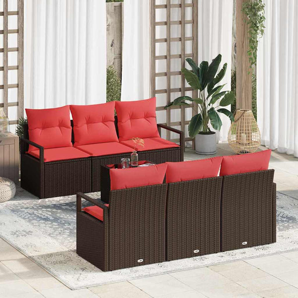 Poly Rattan Sofa Set Braun/Rot mit Kissen, 7-teilig