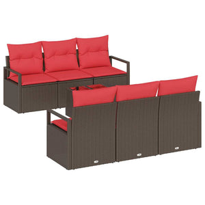 Poly Rattan Sofa Set Braun/Rot mit Kissen, 7-teilig