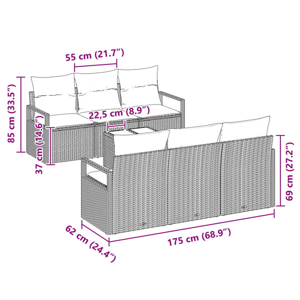 Poly Rattan Sofa Set Braun/Rot mit Kissen, 7-teilig