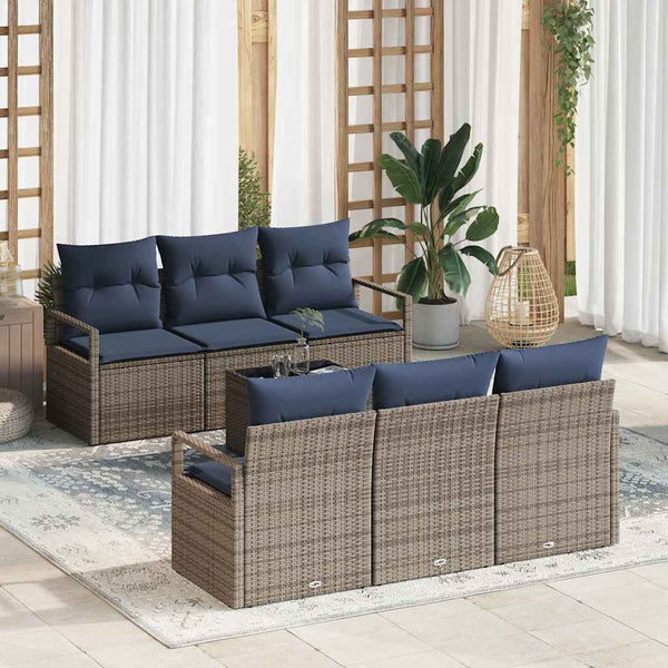 Poly Rattan Sofa Set Grau/Marineblau mit Kissen, 7-teilig