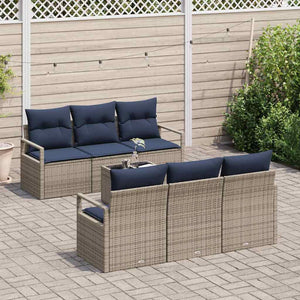 Poly Rattan Sofa Set Grau/Marineblau mit Kissen, 7-teilig