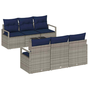 Poly Rattan Sofa Set Grau/Marineblau mit Kissen, 7-teilig