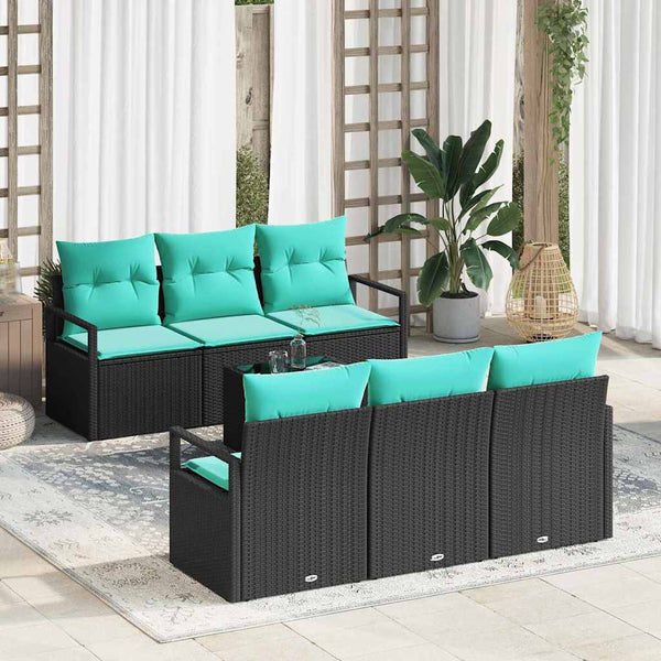 vidaXL Ensemble de canapés avec coussins 7 pcs Noir et turquoise Rotin PE