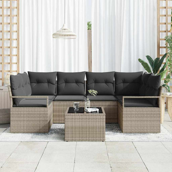 7-teiliges Sofa-Set Hellgrau Dunkelgrau Poly-Rattan