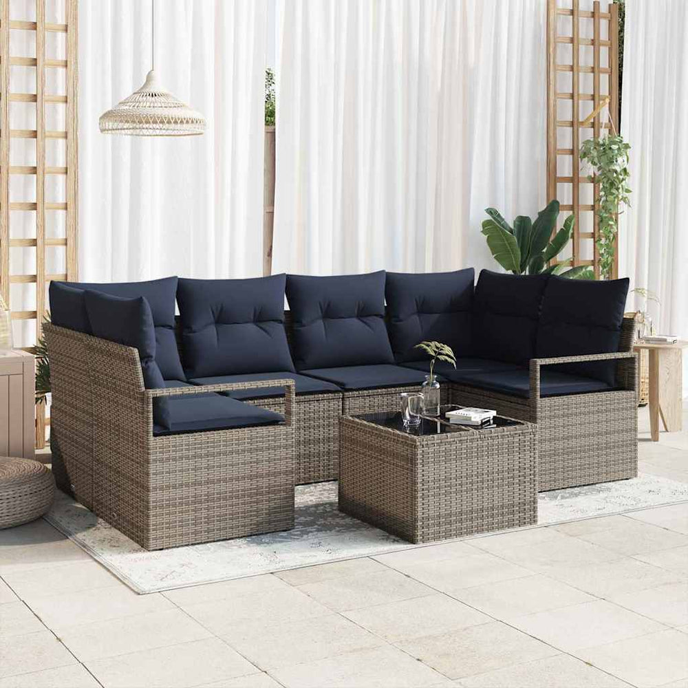 Garten Sofagarnitur Grau Blau Poly Rattan 7-teilig