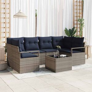 Garten Sofagarnitur Grau Blau Poly Rattan 7-teilig