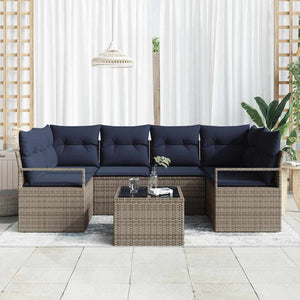 Garten Sofagarnitur Grau Blau Poly Rattan 7-teilig